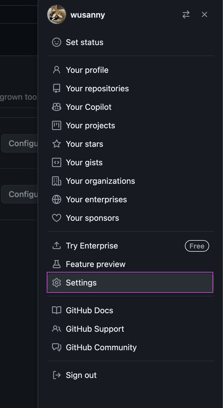 Navigate to your GitHub account to configure your settings. Navigate to your GitHub account to configure your settings.